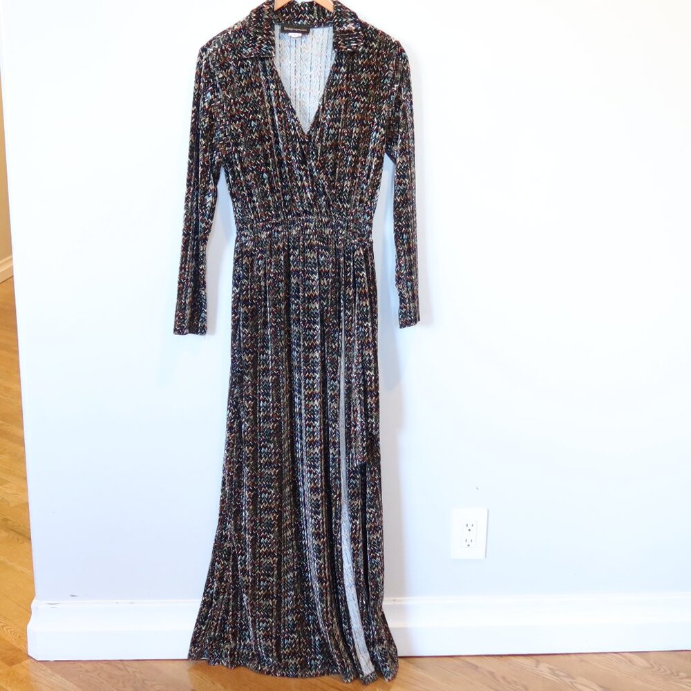 STRETCH VELVET VELOUR MAXI DRESS long faux wrap multicolor chevron print evening - Picture 2 of 11